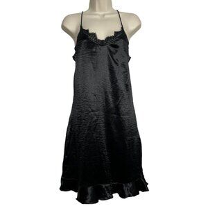 English Factory Mini Cami Dress Black Satin Lace Trim Spaghetti Strap Size M